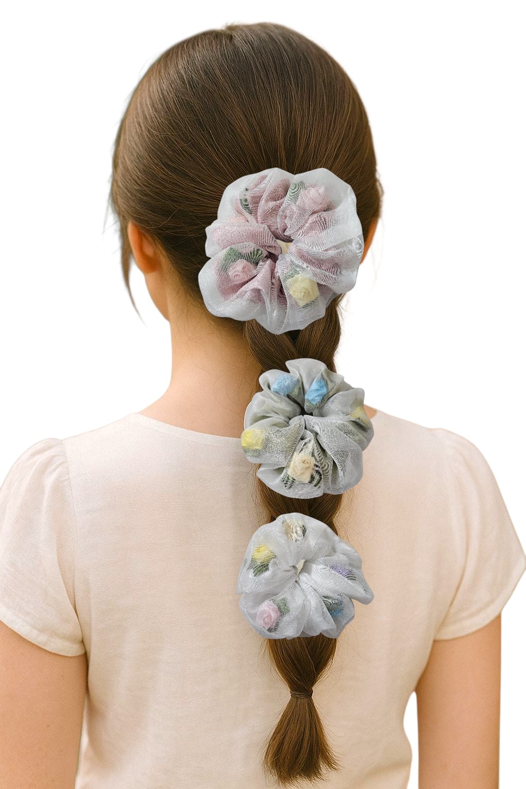 Organza hair scrunchies with floral accents pack of 3