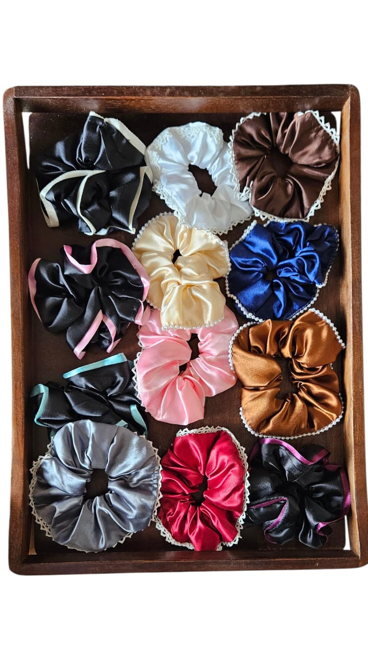 Satin hair scrunchies with pearl and lace trim Pack of 10 multi colour