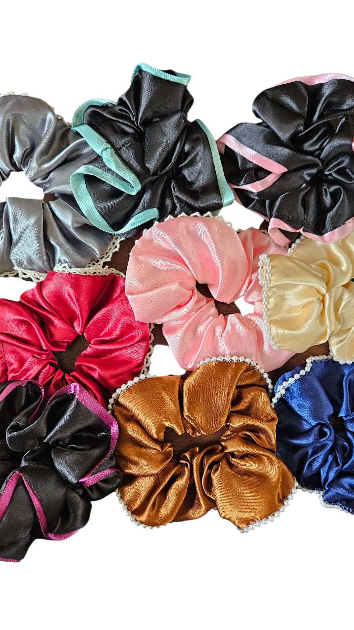 Satin hair scrunchies with pearl and lace trim Pack of 10 multi colour