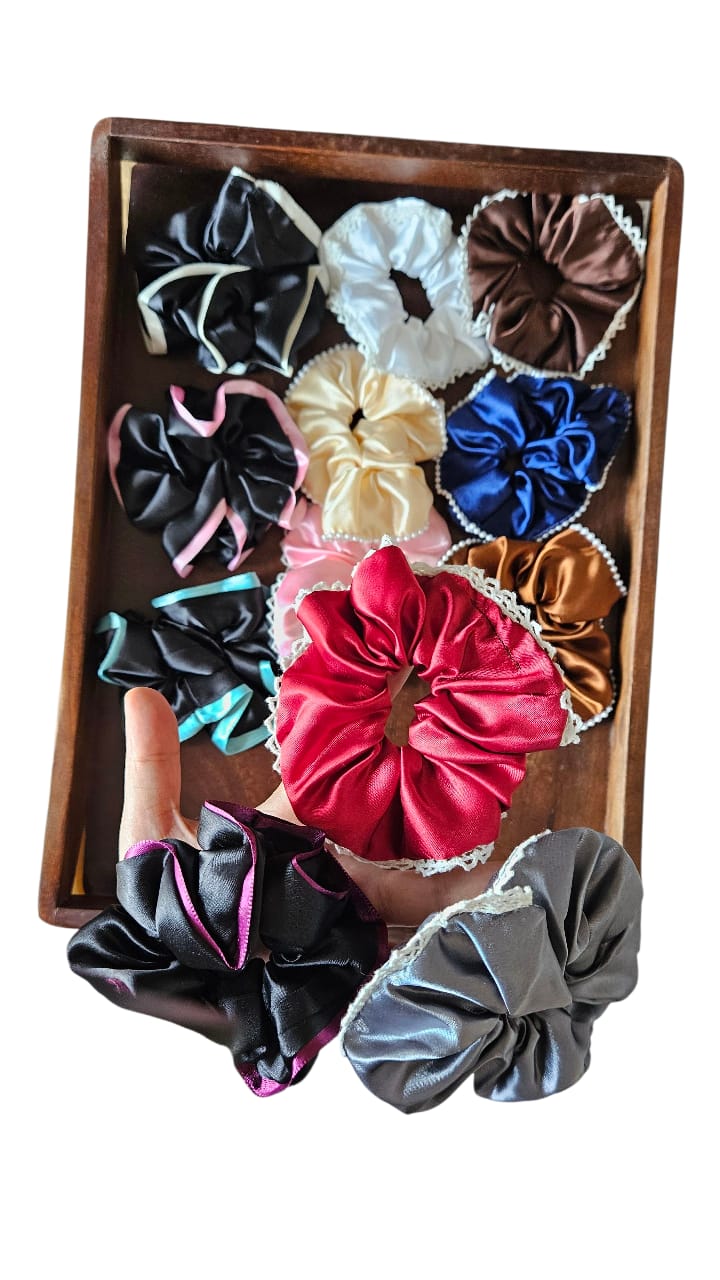 Satin hair scrunchies with pearl and lace trim Pack of 10 multi colour