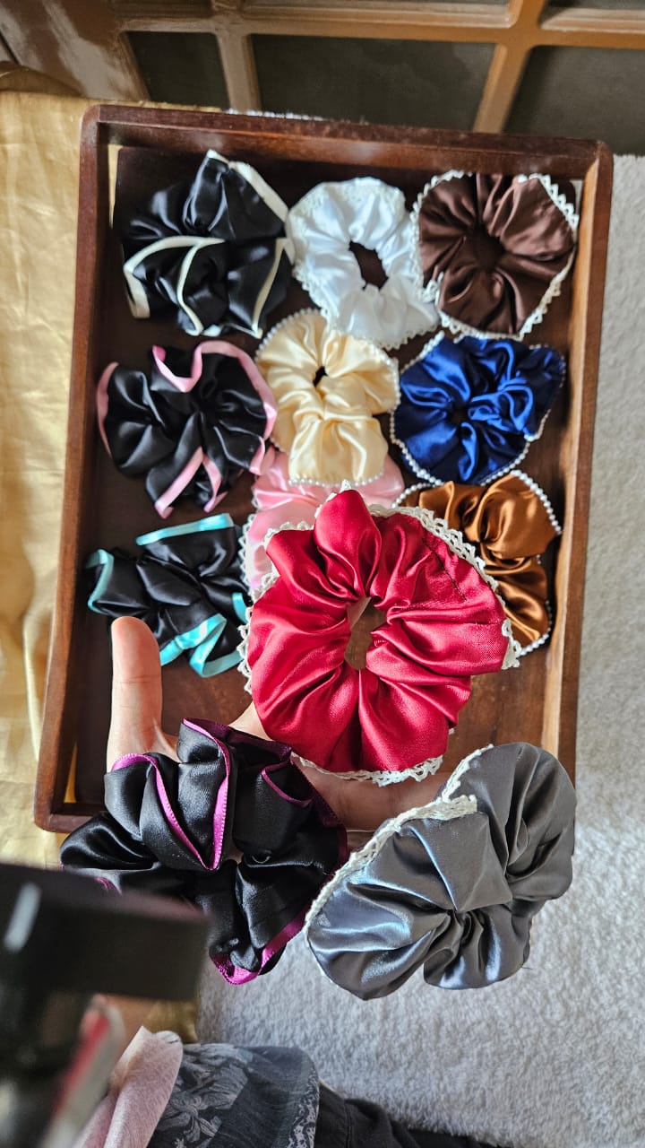 Satin hair scrunchies with pearl and lace trim Pack of 10 multi colour