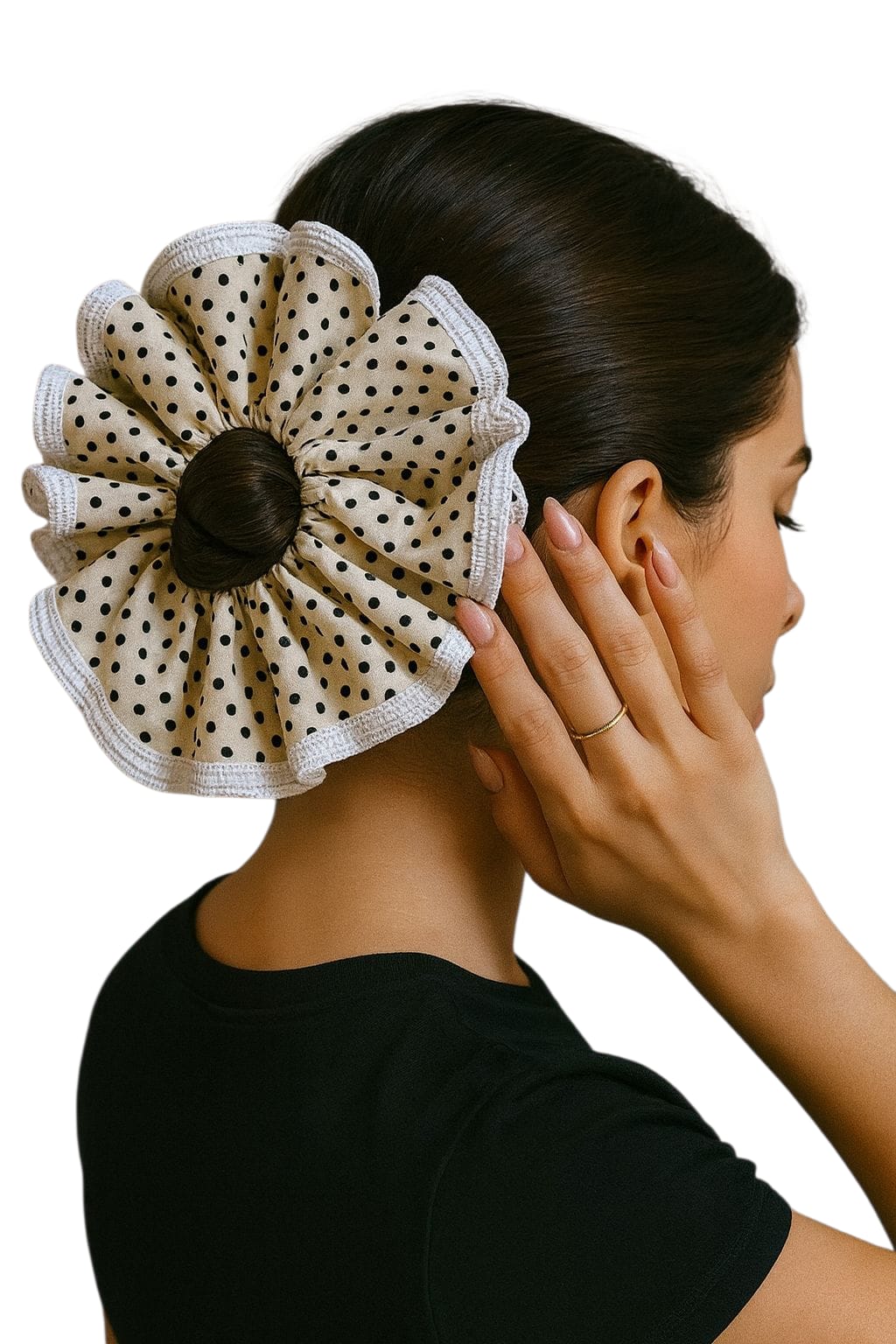 Jumbo Size Polka Dot hair Scrunchie with lace trim 8 inch