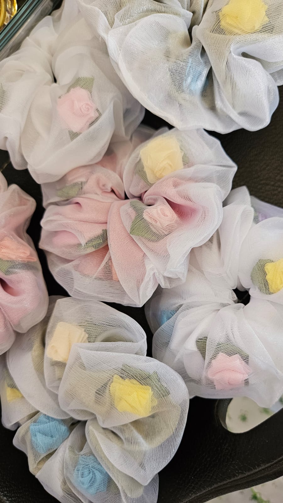 Organza hair scrunchies with floral accents pack of 3