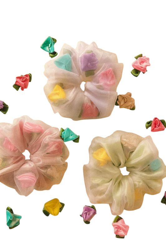 Organza hair scrunchies with floral accents pack of 3