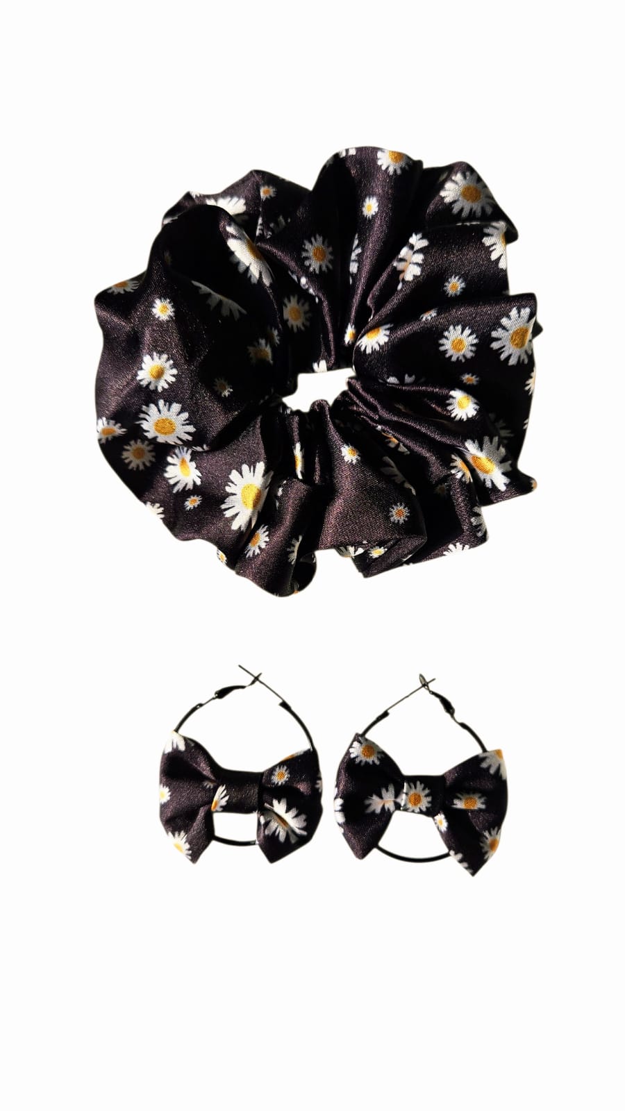 Daisy print hair scrunchies with matching bow earrings set  Black satin with white floral pattern