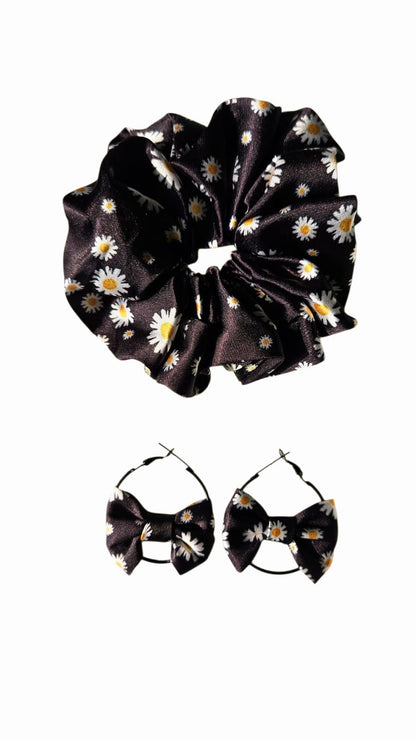 Daisy print hair scrunchies with matching bow earrings set  Black satin with white floral pattern