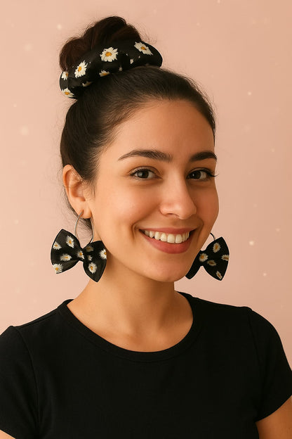 Daisy print hair scrunchies with matching bow earrings set  Black satin with white floral pattern