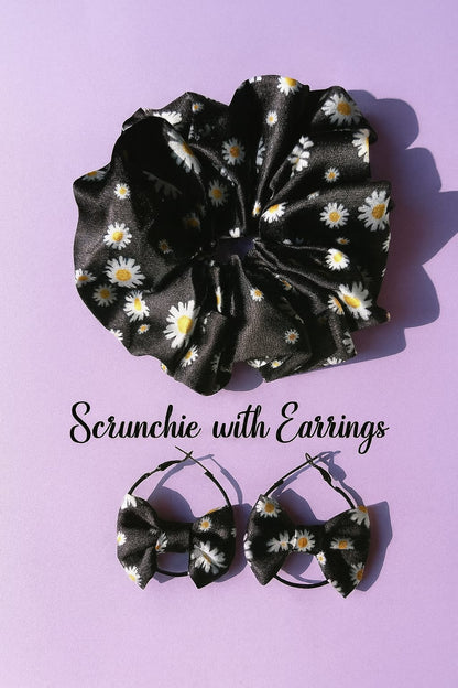 Daisy print hair scrunchies with matching bow earrings set  Black satin with white floral pattern