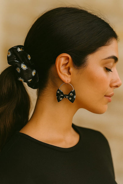 Daisy print hair scrunchies with matching bow earrings set  Black satin with white floral pattern