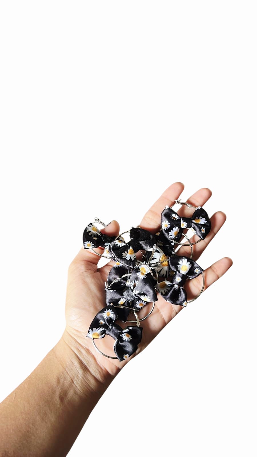Daisy print hair scrunchies with matching bow earrings set  Black satin with white floral pattern