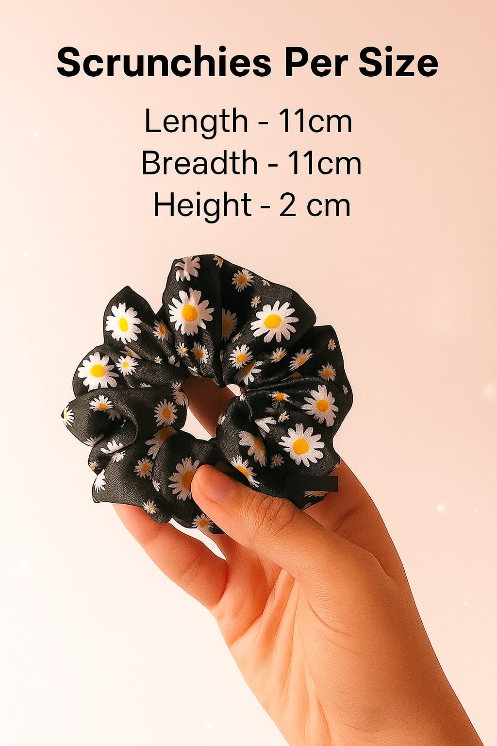 Daisy print hair scrunchies with matching bow earrings set  Black satin with white floral pattern