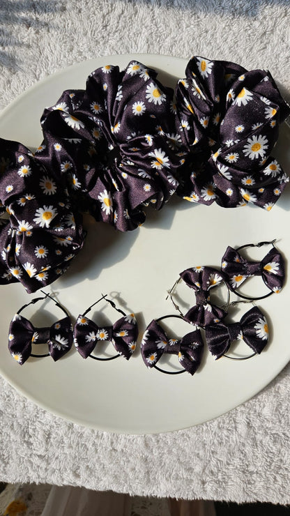 Daisy print hair scrunchies with matching bow earrings set  Black satin with white floral pattern
