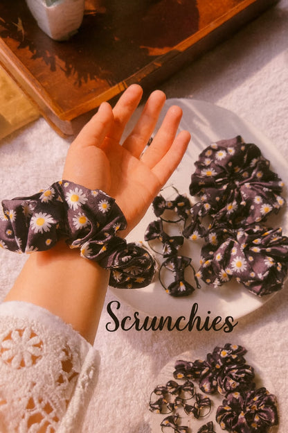 Daisy print hair scrunchies with matching bow earrings set  Black satin with white floral pattern