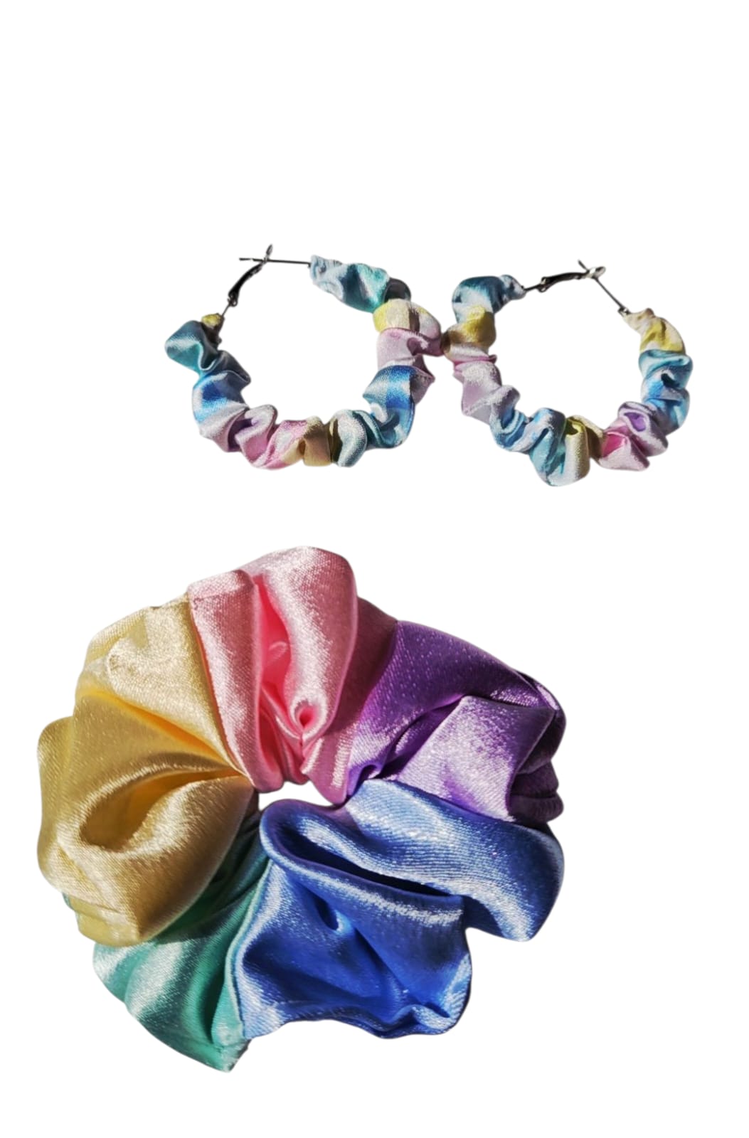 Satin hair scrunchies with matching Hoop Earrings, Rainbow pastel colours