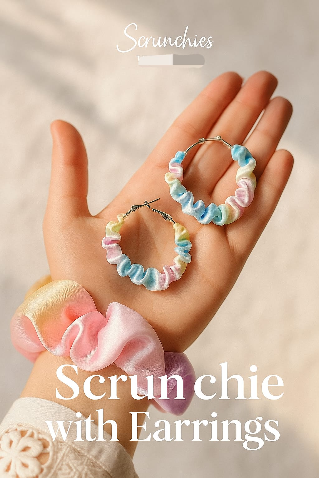 Satin hair scrunchies with matching Hoop Earrings, Rainbow pastel colours