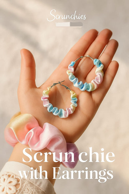 Satin hair scrunchies with matching Hoop Earrings, Rainbow pastel colours