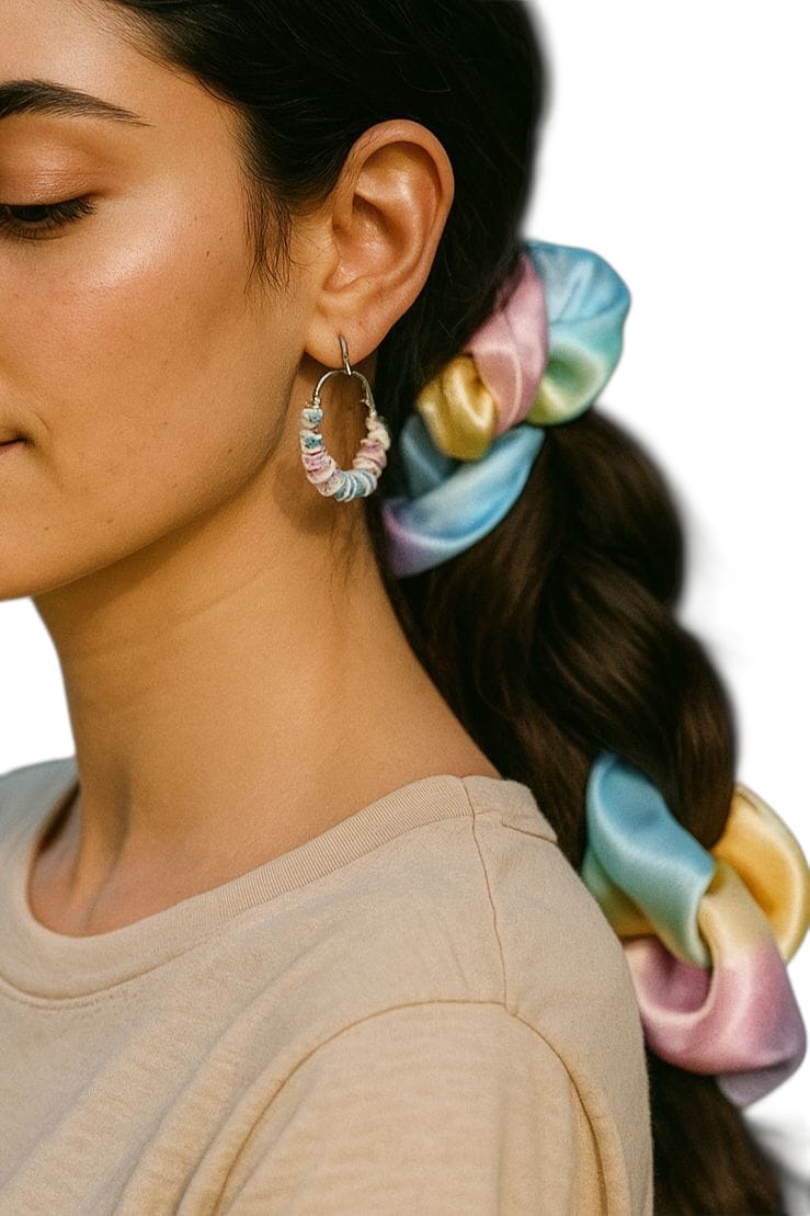 Satin hair scrunchies with matching Hoop Earrings, Rainbow pastel colours