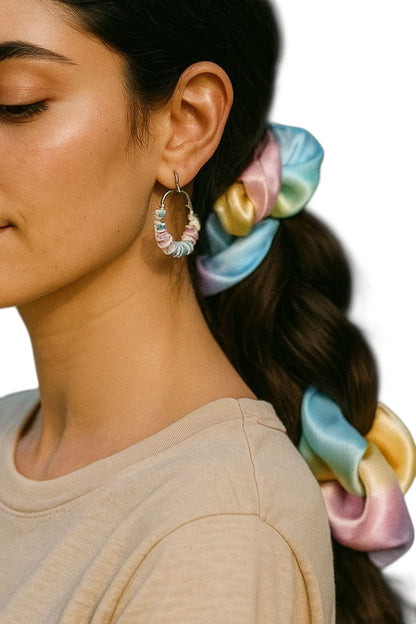 Satin hair scrunchies with matching Hoop Earrings, Rainbow pastel colours