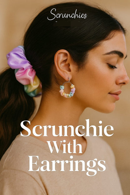 Satin hair scrunchies with matching Hoop Earrings, Rainbow pastel colours