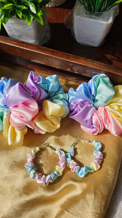 Satin hair scrunchies with matching Hoop Earrings, Rainbow pastel colours