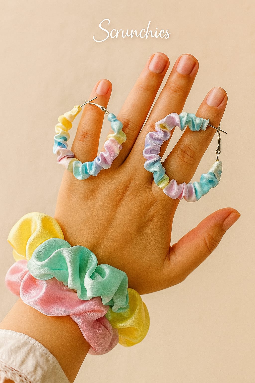 Satin hair scrunchies with matching Hoop Earrings, Rainbow pastel colours
