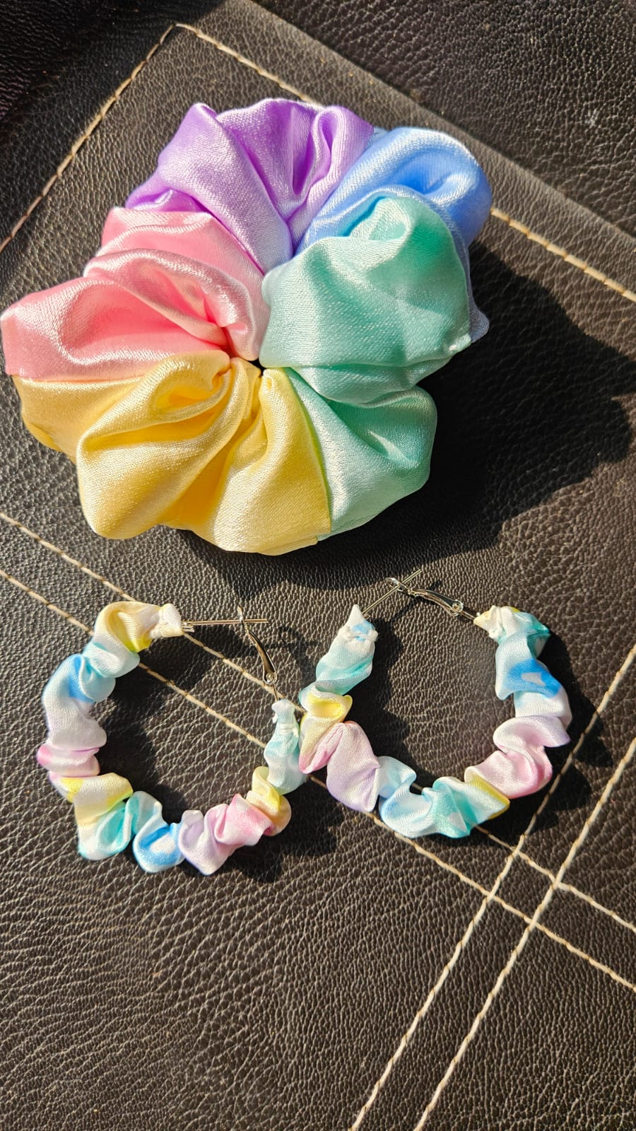 Satin hair scrunchies with matching Hoop Earrings, Rainbow pastel colours