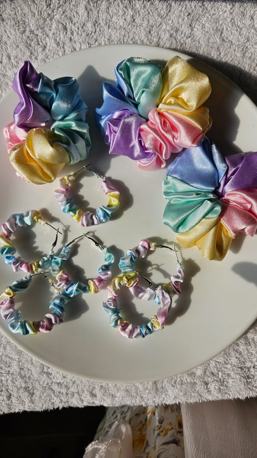 Satin hair scrunchies with matching Hoop Earrings, Rainbow pastel colours