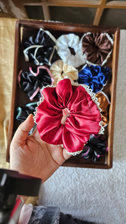 Satin hair scrunchies with pearl and lace trim Pack of 10 multi colour