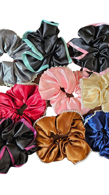 Satin hair scrunchies with pearl and lace trim Pack of 10 multi colour