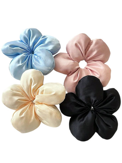 Large Satin flower shape hair scrunchies set of 4 Blue,cream,pink, black