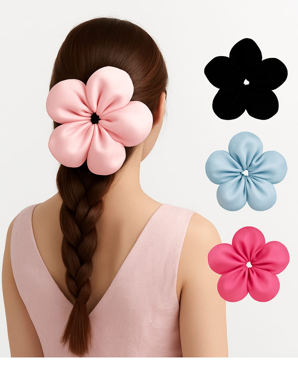 Large Satin flower shape hair scrunchies set of 4 Blue,cream,pink, black