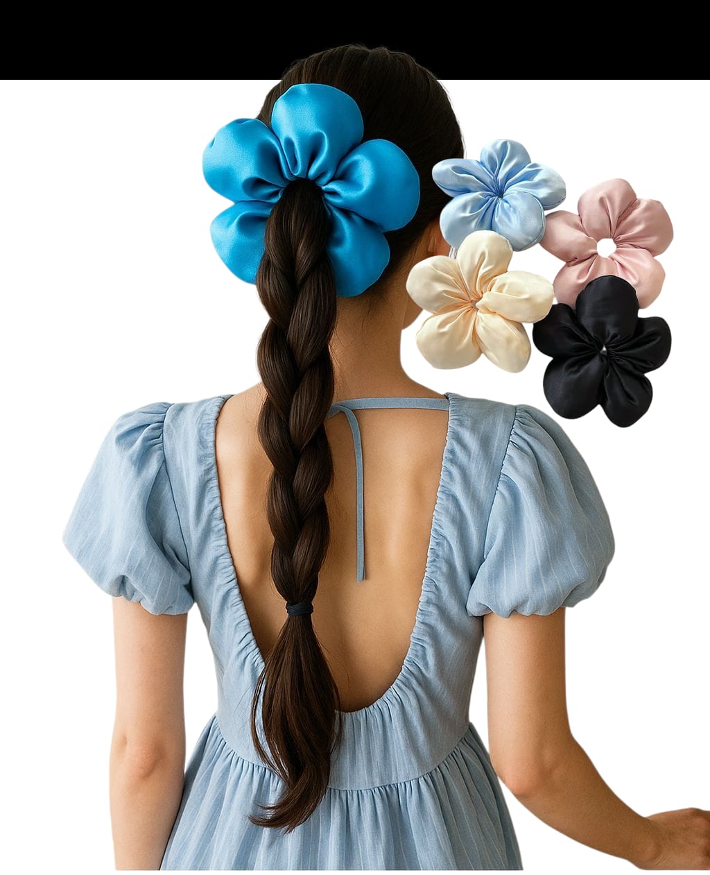 Large Satin flower shape hair scrunchies set of 4 Blue,cream,pink, black