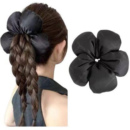 Large Satin flower shape hair scrunchies set of 4 Blue,cream,pink, black