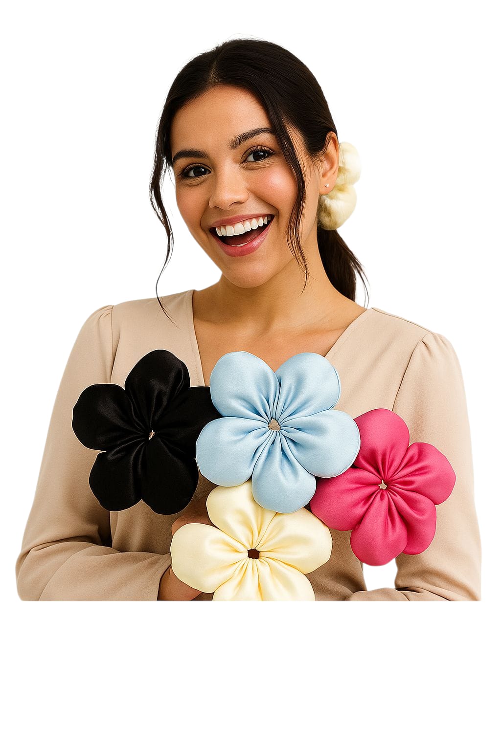 Large Satin flower shape hair scrunchies set of 4 Blue,cream,pink, black