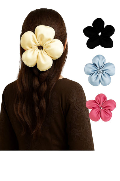 Large Satin flower shape hair scrunchies set of 4 Blue,cream,pink, black