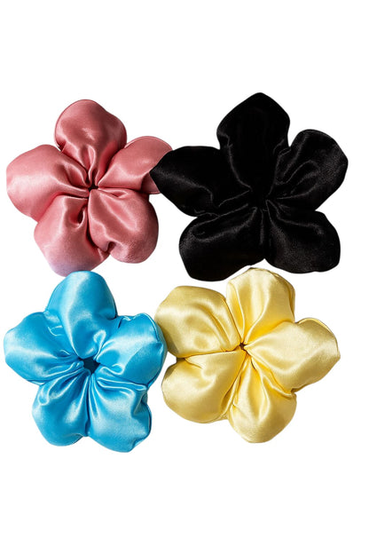 Large Satin flower shape hair scrunchies set of 4 Blue,cream,pink, black