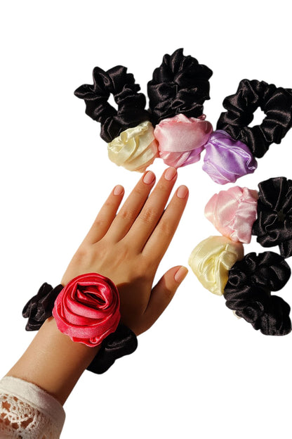 Satin Rose Hair scrunchies set Black with floral accent , multicolour  Pack of 4