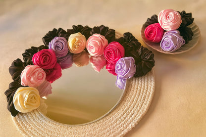 Satin Rose Hair scrunchies set Black with floral accent , multicolour  Pack of 4