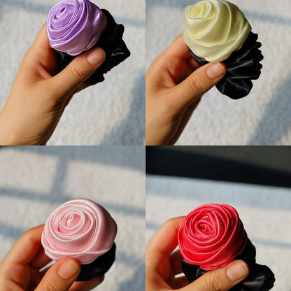 Satin Rose Hair scrunchies set Black with floral accent , multicolour  Pack of 4