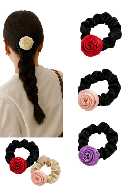 Satin Rose Hair scrunchies set Black with floral accent , multicolour  Pack of 4