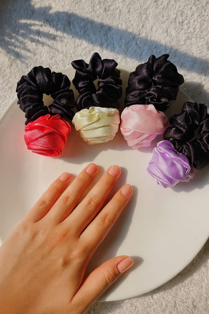 Satin Rose Hair scrunchies set Black with floral accent , multicolour  Pack of 4