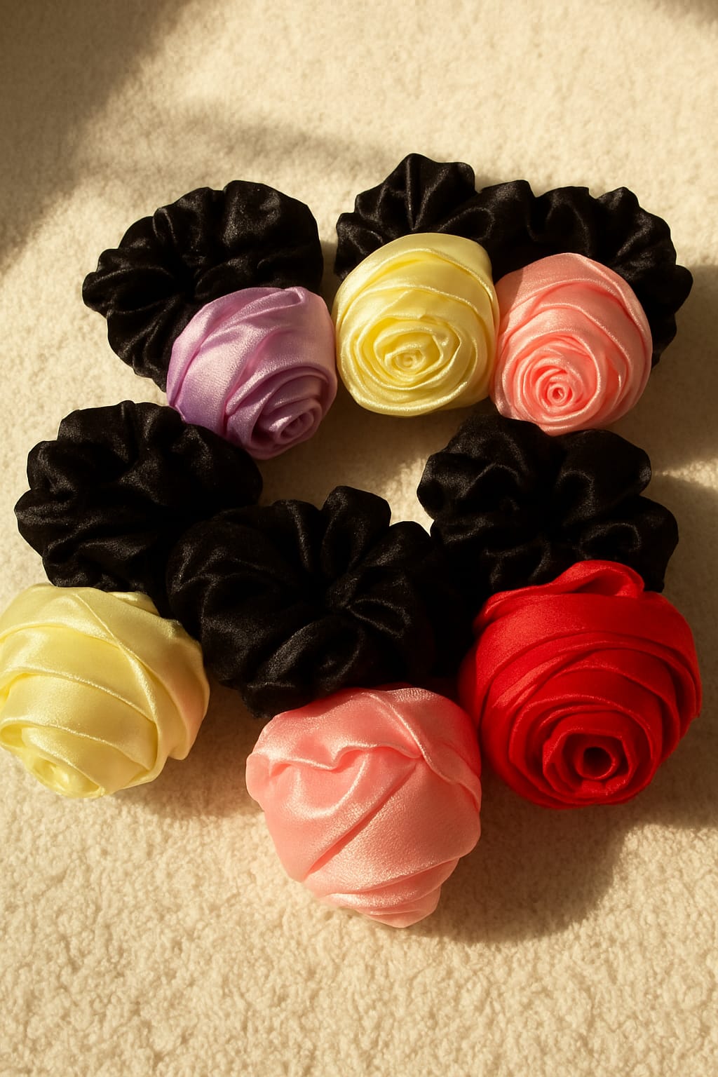 Satin Rose Hair scrunchies set Black with floral accent , multicolour  Pack of 4