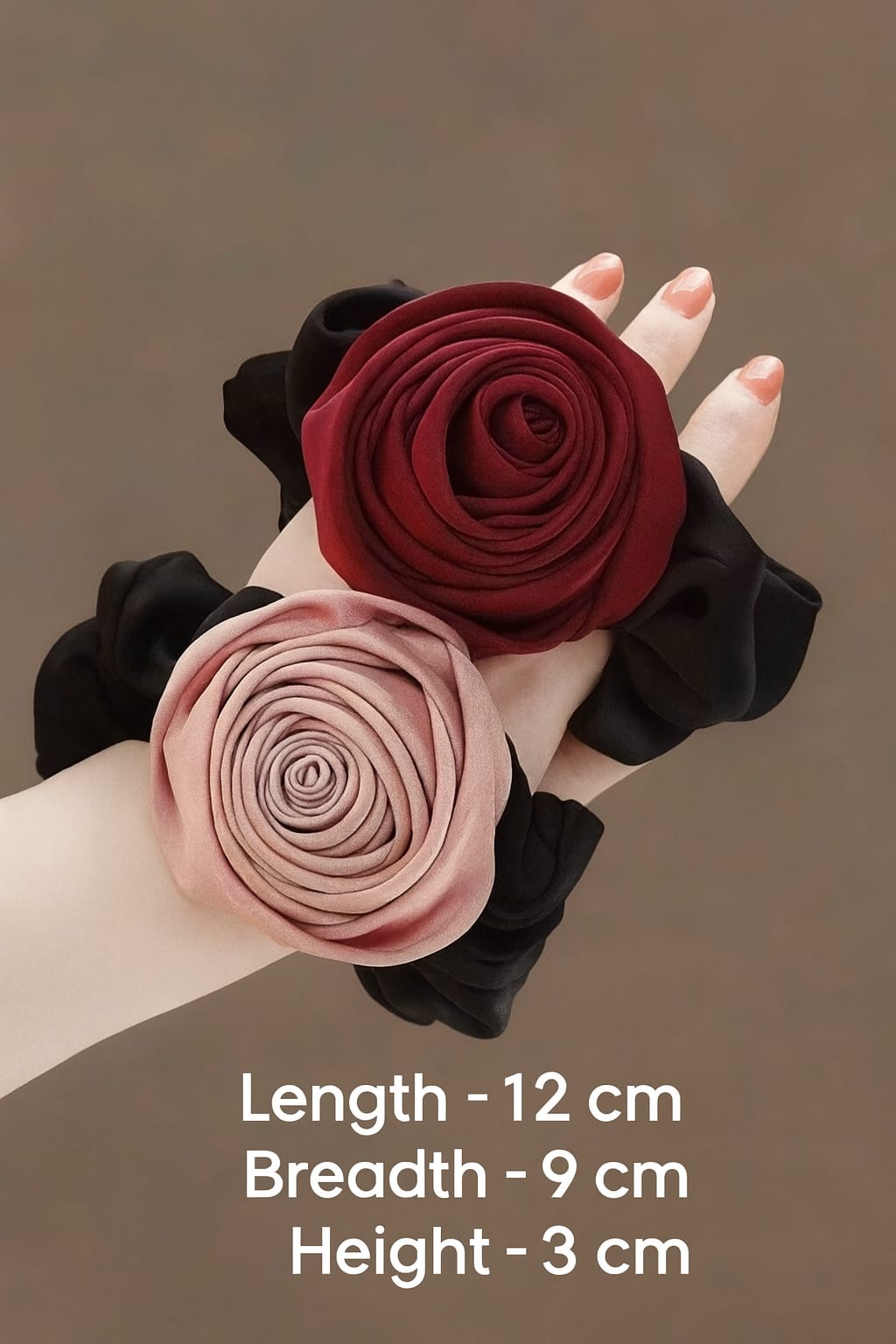 Satin Rose Hair scrunchies set Black with floral accent , multicolour  Pack of 4