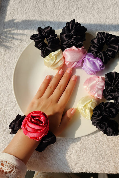 Satin Rose Hair scrunchies set Black with floral accent , multicolour  Pack of 4