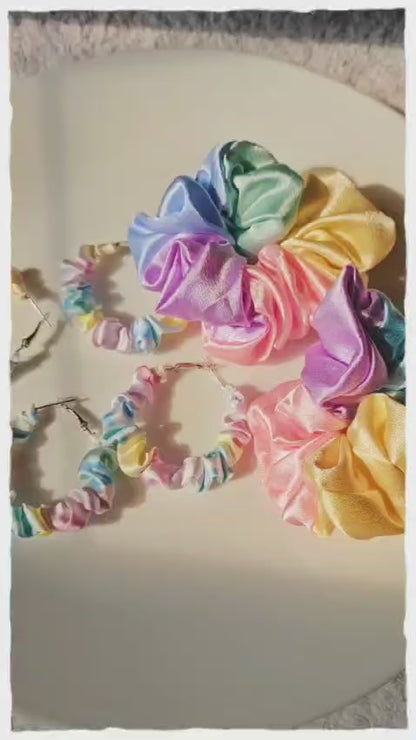 Satin hair scrunchies with matching Hoop Earrings, Rainbow pastel colours