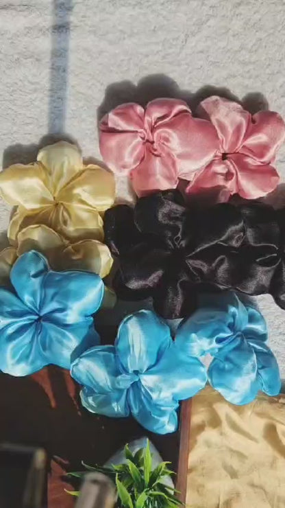 Large Satin flower shape hair scrunchies set of 4 Blue,cream,pink, black