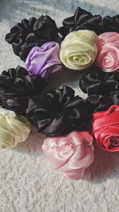 Satin Rose Hair scrunchies set Black with floral accent , multicolour  Pack of 4
