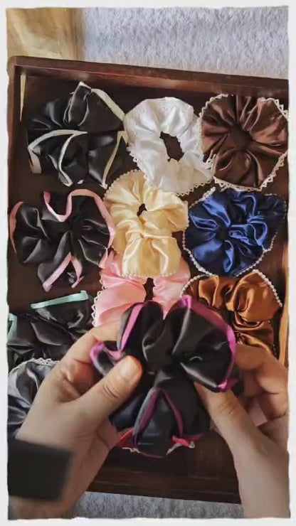 Satin hair scrunchies with pearl and lace trim Pack of 10 multi colour